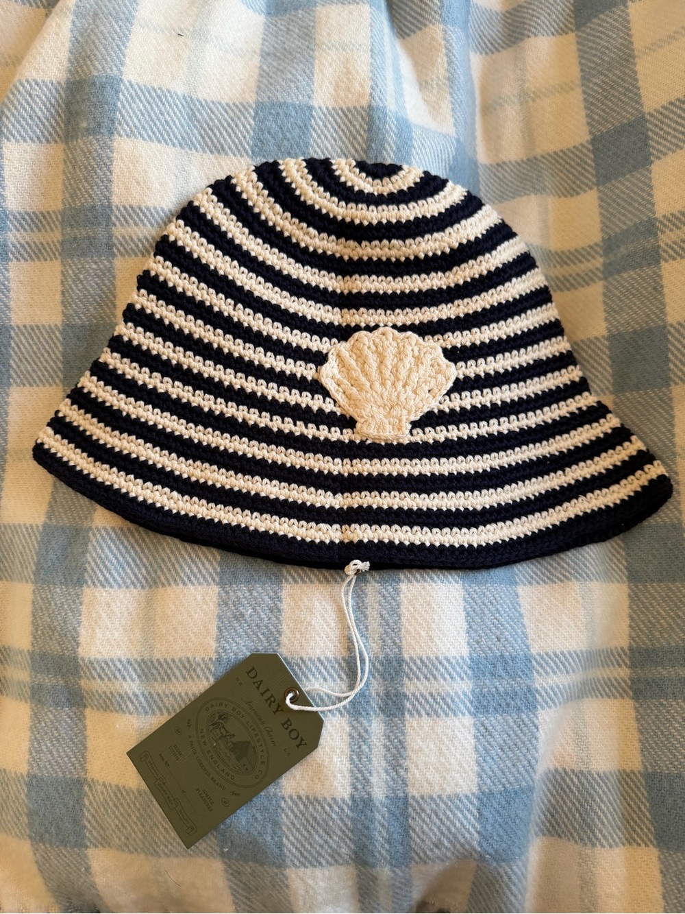 Striped Navy & Cream Crochet Bucket Hat with Shell Accent
